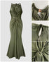 Satin Sleeveless Hollow-out Twist Front Evening Dress Tied Detail Backless Zipper Back Mermaid Hem Dress green
