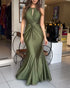 Deep V-Neck Braided Straps Twist Front Cinched Waist Evening Dress Casual Zipper Back Mermaid Hem Satin Maxi Dress green