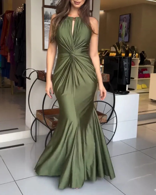 Satin Sleeveless Hollow-out Twist Front Evening Dress Tied Detail Backless Zipper Back Mermaid Hem Dress green