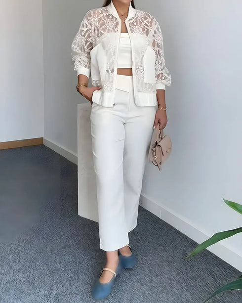 Floral Lace Embroidered Mesh Patchwork High-Low Hem Baseball Coat Casual Side Slit Zip Up Bomber Jacket white