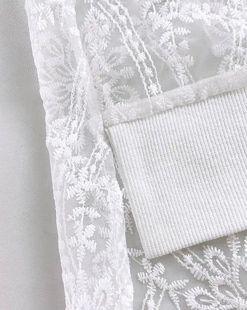 Floral Lace Embroidered Mesh Patchwork High-Low Hem Baseball Coat Casual Side Slit Zip Up Bomber Jacket white