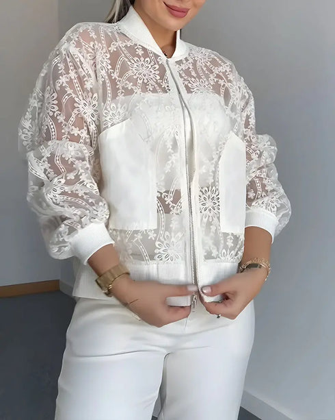 Floral Lace Embroidered Mesh Patchwork High-Low Hem Baseball Coat Casual Side Slit Zip Up Bomber Jacket white