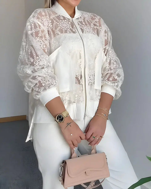 Floral Lace Embroidered Mesh Patchwork High-Low Hem Baseball Coat Casual Side Slit Zip Up Bomber Jacket white