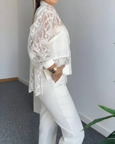 Floral Lace Embroidered Mesh Patchwork High-Low Hem Baseball Coat Casual Side Slit Zip Up Bomber Jacket white