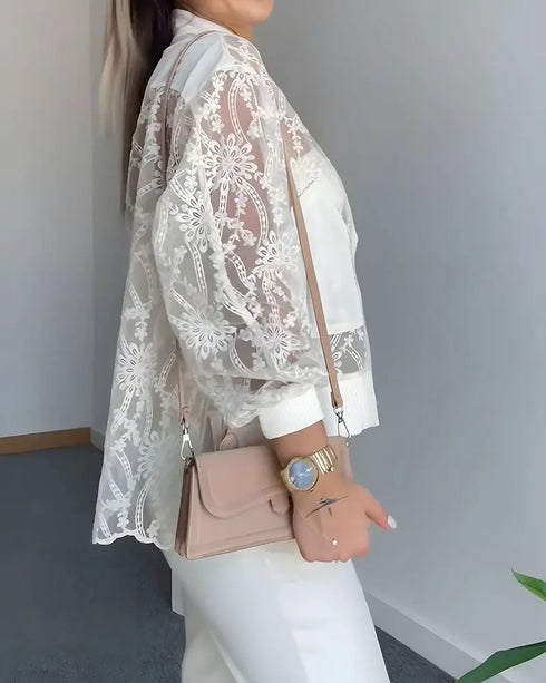 Floral Lace Embroidered Mesh Patchwork High-Low Hem Baseball Coat Casual Side Slit Zip Up Bomber Jacket white
