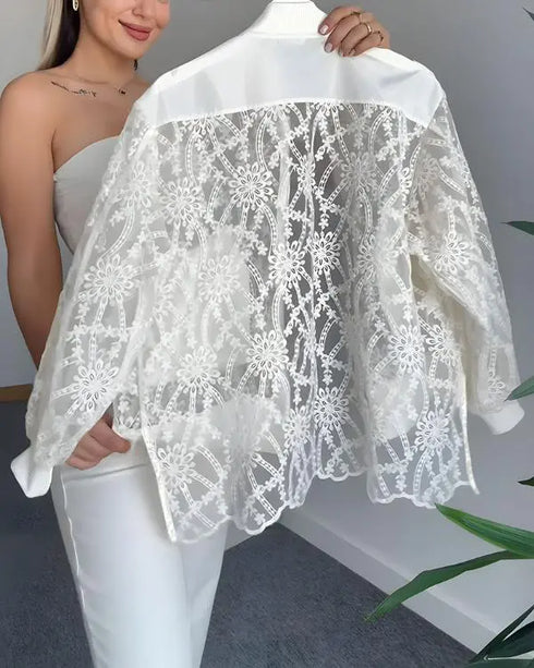 Floral Lace Embroidered Mesh Patchwork High-Low Hem Baseball Coat Casual Side Slit Zip Up Bomber Jacket white