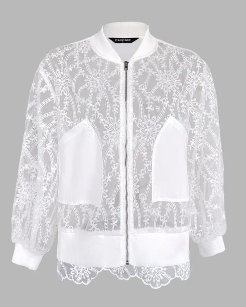 Floral Lace Embroidered Mesh Patchwork High-Low Hem Baseball Coat Casual Side Slit Zip Up Bomber Jacket white