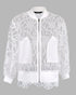 Floral Lace Embroidered Mesh Patchwork High-Low Hem Baseball Coat Casual Side Slit Zip Up Bomber Jacket white