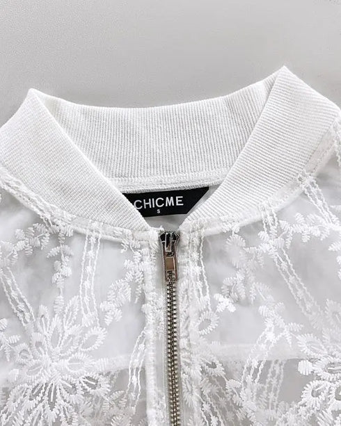 Floral Lace Embroidered Mesh Patchwork High-Low Hem Baseball Coat Casual Side Slit Zip Up Bomber Jacket white