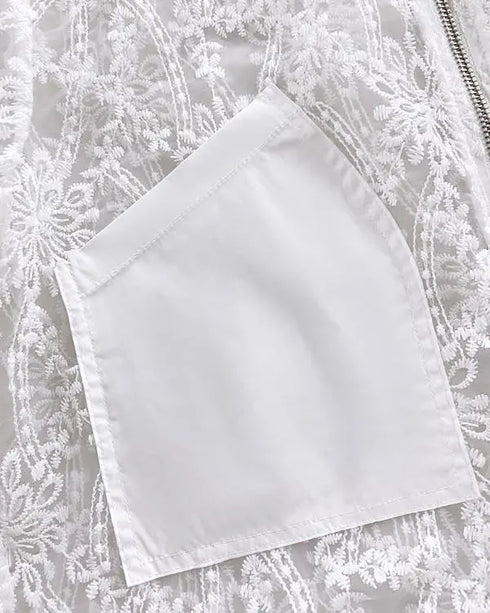 Floral Lace Embroidered Mesh Patchwork High-Low Hem Baseball Coat Casual Side Slit Zip Up Bomber Jacket white