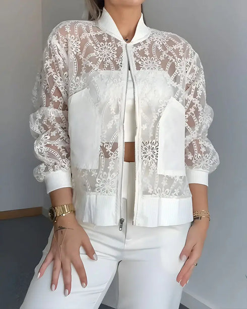 Floral Lace Embroidered Mesh Patchwork High-Low Hem Baseball Coat Casual Side Slit Zip Up Bomber Jacket white