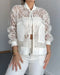 Floral Lace Embroidered Mesh Patchwork High-Low Hem Baseball Coat Casual Side Slit Zip Up Bomber Jacket white