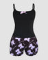 2 Pieces Outfit Spaghetti Strap Bowknot Decor Tank Top and Casual Floral Print Skinny Shorts Set purple