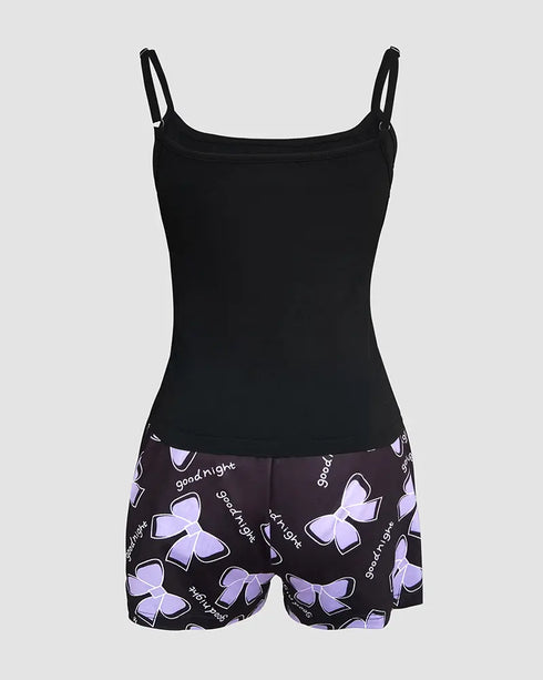 Bowknot Decor Heart & Plaid Print V Neck Adjustable Spaghetti Straps Nightgown Sexy Slim Fit Asymmetrical Hem Night Dress with Matching Panties purple