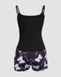 2 Pieces Outfit Spaghetti Strap Bowknot Decor Tank Top and Casual Floral Print Skinny Shorts Set purple