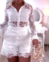 2 Pieces Outfit Lace Hollow Out Long Sleeve Blouse and Romantic Lace Trim Shorts Set white