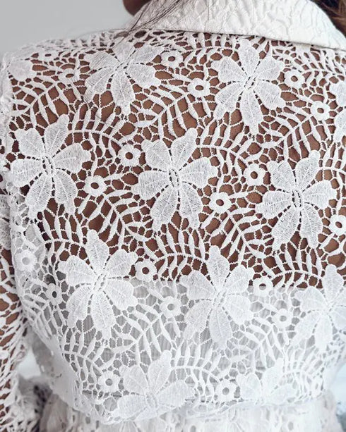 2 Pieces Outfit Lace Hollow Out Long Sleeve Blouse and Romantic Lace Trim Shorts Set white