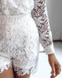 2 Pieces Outfit Lace Hollow Out Long Sleeve Blouse and Romantic Lace Trim Shorts Set white