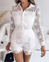2 Pieces Outfit Lace Hollow Out Long Sleeve Blouse and Romantic Lace Trim Shorts Set white