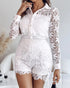 2 Pieces Outfit Lace Hollow Out Long Sleeve Blouse and Romantic Lace Trim Shorts Set white