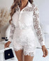 2 Pieces Outfit Lace Hollow Out Long Sleeve Blouse and Romantic Lace Trim Shorts Set white