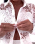 2 Pieces Outfit Lace Hollow Out Long Sleeve Blouse and Romantic Lace Trim Shorts Set white