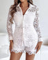 2 Pieces Outfit Lace Hollow Out Long Sleeve Blouse and Romantic Lace Trim Shorts Set white