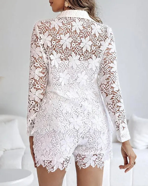 2 Pieces Outfit Lace Hollow Out Long Sleeve Blouse and Romantic Lace Trim Shorts Set white