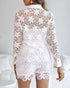 2 Pieces Outfit Lace Hollow Out Long Sleeve Blouse and Romantic Lace Trim Shorts Set white