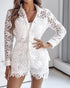 2 Pieces Outfit Lace Hollow Out Long Sleeve Blouse and Romantic Lace Trim Shorts Set white