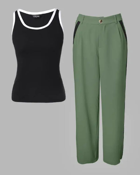 2 Piece Contrast Binding Sleeveless Slim Fit Tank Top and Striped Pants Sets Tracksuits Match Sets Army green