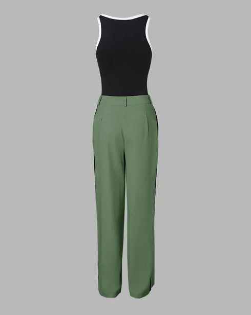 2 Piece Contrast Binding Sleeveless Slim Fit Tank Top and Striped Pants Sets Tracksuits Match Sets Army green
