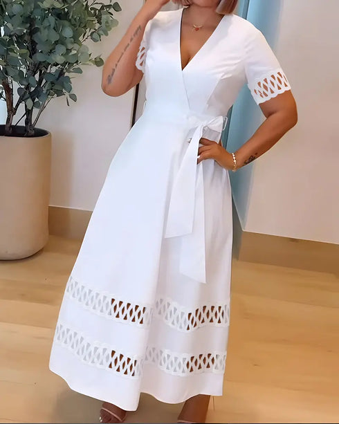 Plunge Short Sleeve Casual Cinch Hollow-out Tied Detail Dress white