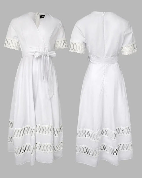 Plunge Short Sleeve Casual Cinch Hollow-out Tied Detail Dress white