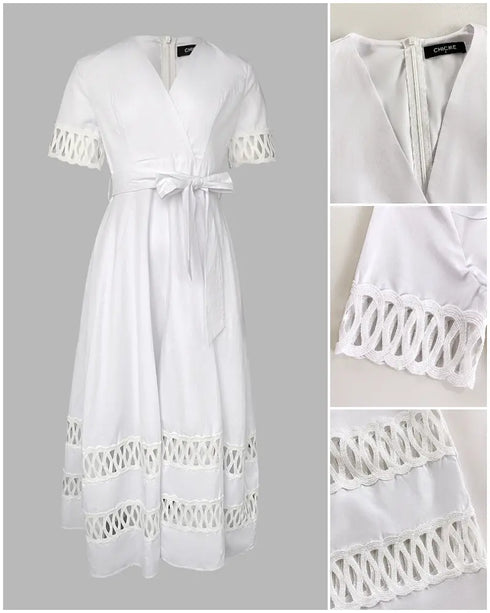 Plunge Short Sleeve Casual Cinch Hollow-out Tied Detail Dress white