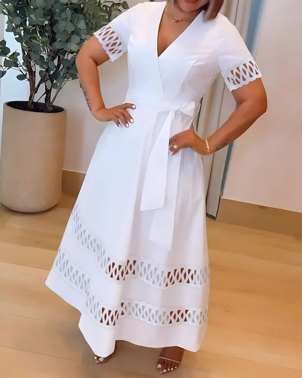 Plunge Short Sleeve Casual Cinch Hollow-out Tied Detail Dress white