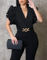 Plain Deep V Neck Short Flutter Sleeve Jumpsuits Metal O-Ring Decor Casual Flared Overalls black