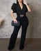 Plain Deep V Neck Short Flutter Sleeve Jumpsuits Metal O-Ring Decor Casual Flared Overalls black