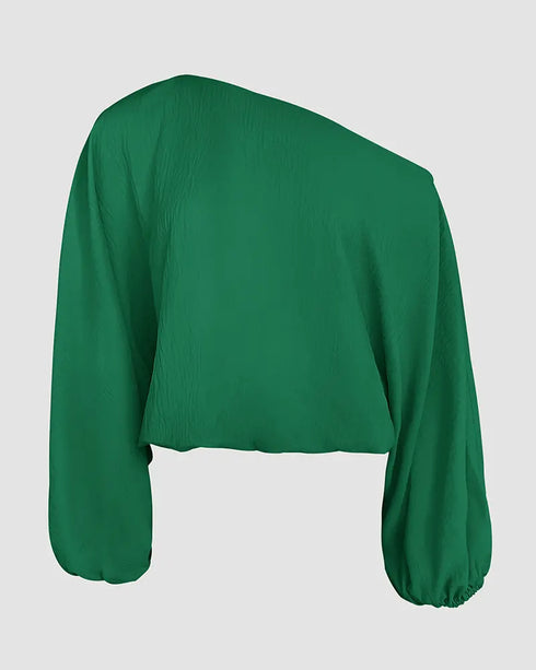 Skew Neck Lantern Sleeve Loose Top & Zipper Fly Wide Leg Pants Set without Belt dark green