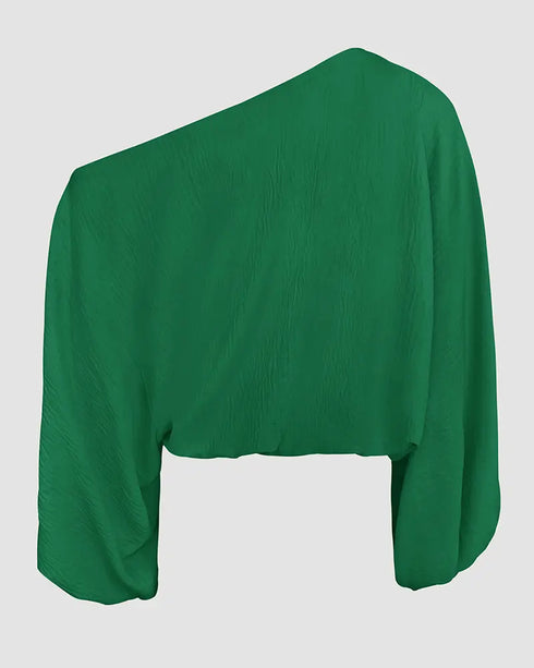 Skew Neck Lantern Sleeve Loose Top & Zipper Fly Wide Leg Pants Set without Belt dark green