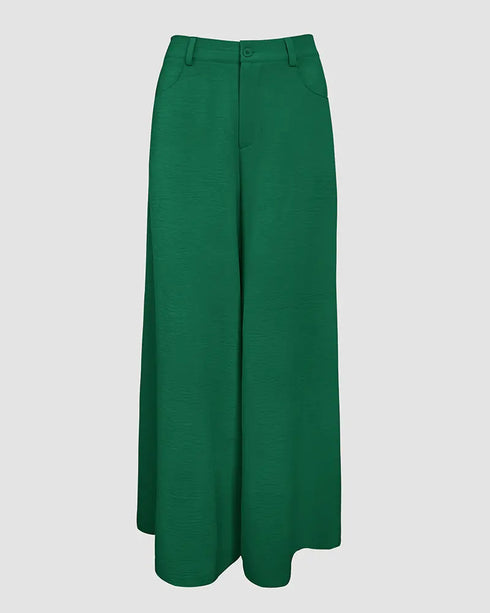 Skew Neck Lantern Sleeve Loose Top & Zipper Fly Wide Leg Pants Set without Belt dark green