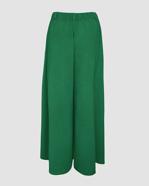 Skew Neck Lantern Sleeve Loose Top & Zipper Fly Wide Leg Pants Set without Belt dark green