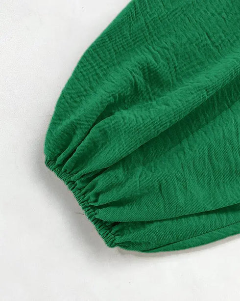 Skew Neck Lantern Sleeve Loose Top & Zipper Fly Wide Leg Pants Set without Belt dark green