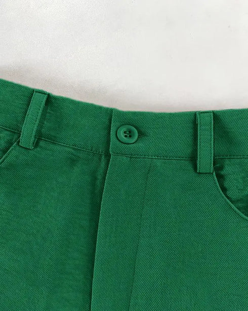 Skew Neck Lantern Sleeve Loose Top & Zipper Fly Wide Leg Pants Set without Belt dark green