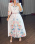 Floral Placement Print Turn-down Collar Puff Sleeve Vacation Dress Casual Button Down Shirt Dress With Belt and Lining white