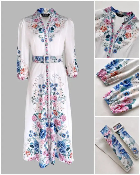 Floral Print V Neck Three Quarters Tied Detail Blouse Dress Casual A Line Slim Fit Maxi Dress white