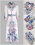 Floral Print V Neck Three Quarters Tied Detail Blouse Dress Casual A Line Slim Fit Maxi Dress white