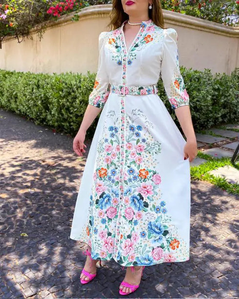 Floral Print V Neck Three Quarters Tied Detail Blouse Dress Casual A Line Slim Fit Maxi Dress white