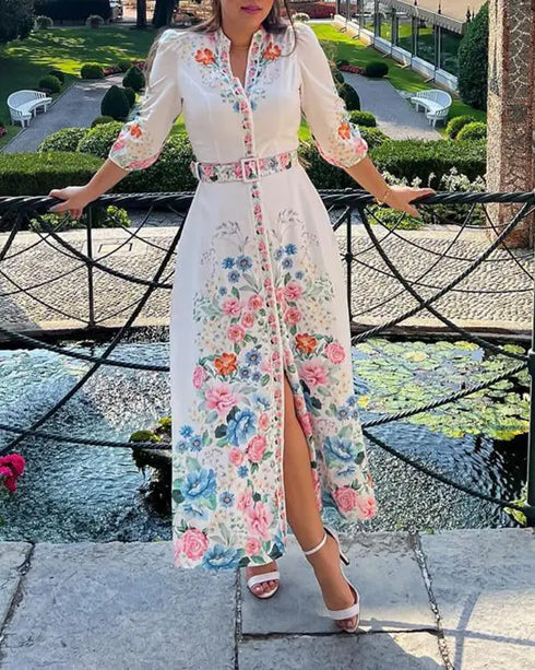 Floral Placement Print Turn-down Collar Puff Sleeve Vacation Dress Casual Button Down Shirt Dress With Belt and Lining white