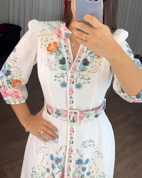 Floral Print V Neck Three Quarters Tied Detail Blouse Dress Casual A Line Slim Fit Maxi Dress white